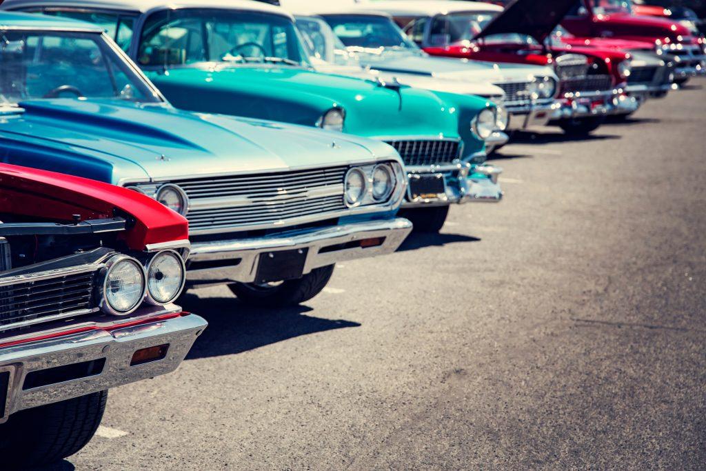 Restored classic cars lined up at Spade Kreations Cincinnati OH